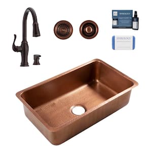 Orwell 30 in. Undermount Single Bowl 16 Gauge Antique Copper Kitchen Sink with Maren Bronze Faucet Kit
