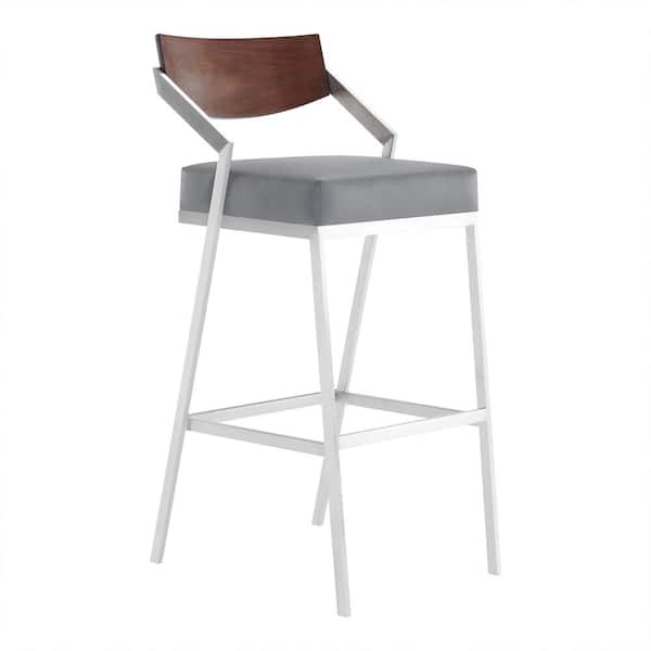 Armen Living Dakota Mid-Century 30 in. Bar Height Bar Stool in Brushed Stainless Steel with Grey Faux Leather and Walnut Wood Back