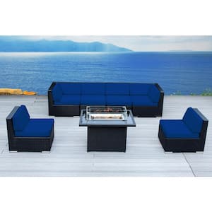 Ohana Black 7 -Piece Wicker Patio Fire Pit Seating Set with Sunbrella Pacific Blue Cushions