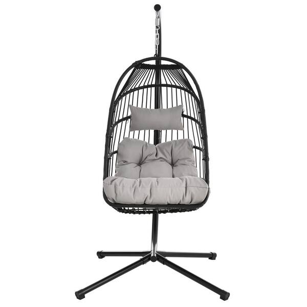 Unbranded 1-Person Black Metal Patio Swing with Waterproof Foldable Gray Cushion