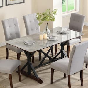 Gray MDF Faux Marble Top Trestle Dining Table Seats 6 with X-Shaped Metal Legs and Rubber Wood Base Chairs Not Included