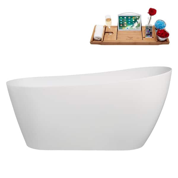 Streamline 59 in. x 29 in. Acrylic Freestanding Soaking Bathtub in Glossy White with Matte Oil Rubbed Bronze Drain, Bamboo Tray