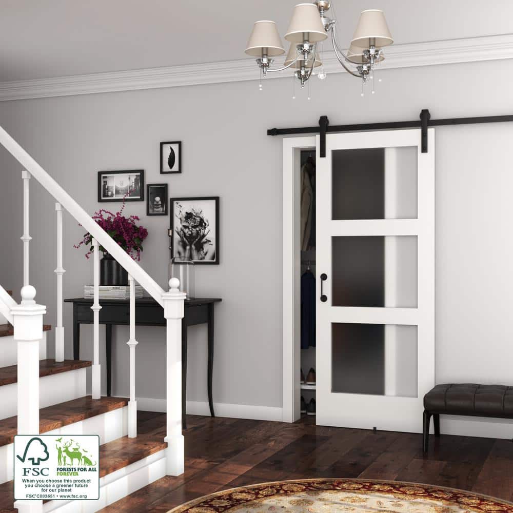 84" x 32" White Solid Pine 3-Lite Frosted Glass Barn Door