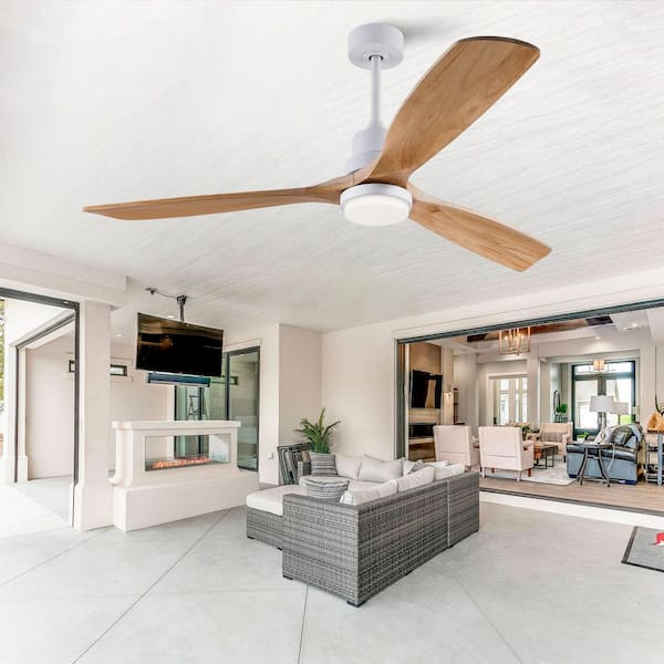 Modern 60 in. Indoor White 3 Solid Wood Blades Downrod Standard Ceiling Fan with Remote and Reversible DC Motor