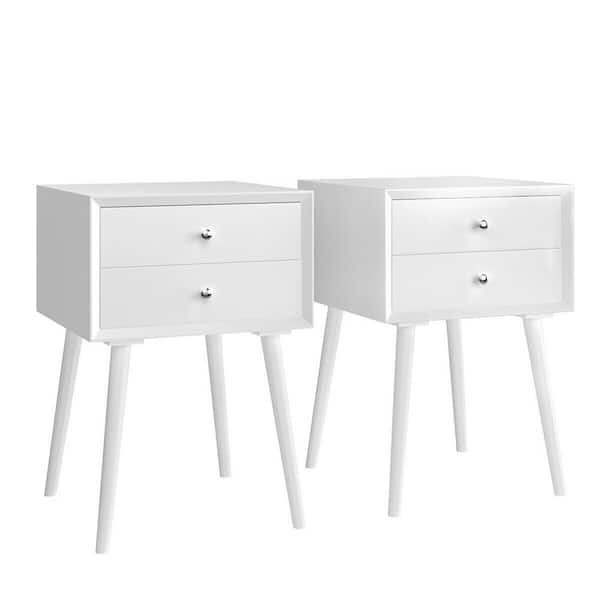 Gymax 2-Piece Wooden Nightstand Mid-Century End Side Table with 2-Storage Drawers White 23.5 in. H x 16 in. W x 16 in. D
