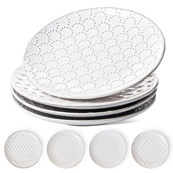 8-Inch Ceramic Embossed Salad Plate Set, White Dessert Plate, 4-Pack for Dinner & Entertaining at table