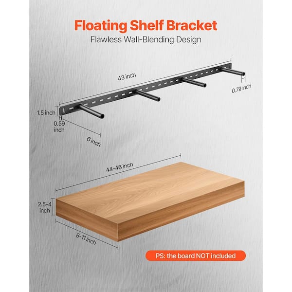 230 lbs. Capacity Floating Shelf Bracket 1 Pack, 43 x 6.2 x 1.5 in. Heavy Duty Hidden Wall Mount Support Bracket Black