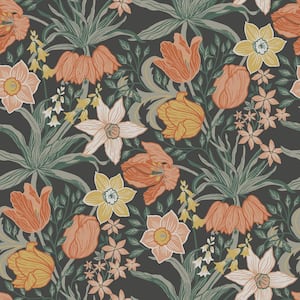Cecilia Black Tulip and Daffodil Non-Pasted Non-Woven Paper Wallpaper