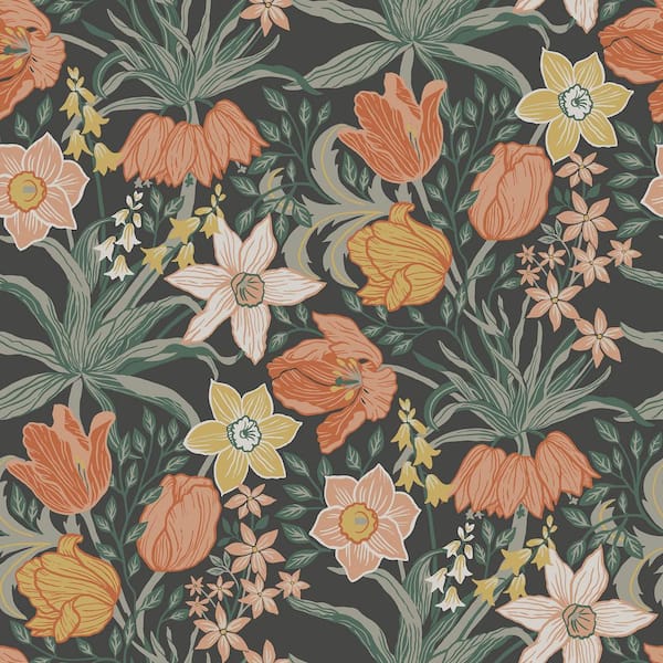 A-Street Prints Cecilia Black Tulip and Daffodil Wallpaper Sample