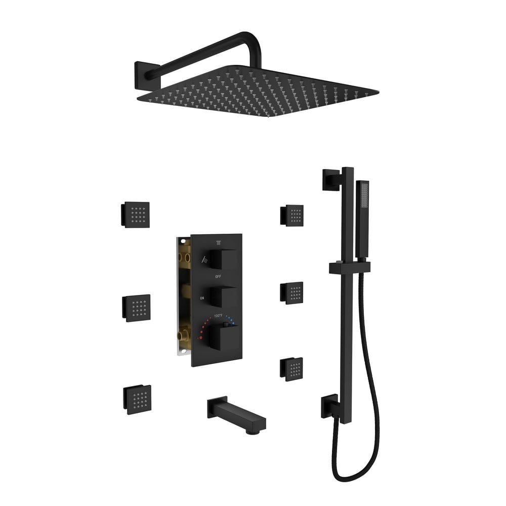 Rain Shower Faucet Set with Tub Spout, Thermostatic 3-Spray Wall Mount Dual Fixed and Handheld Shower in Matte Black price history on PriceWatchPro