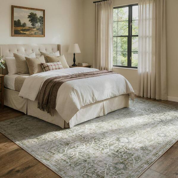 8 ft. x 10 ft. Light Green Vintage Floral Tribal Washable Non Slip Ultra-Thin Soft Area Rug
