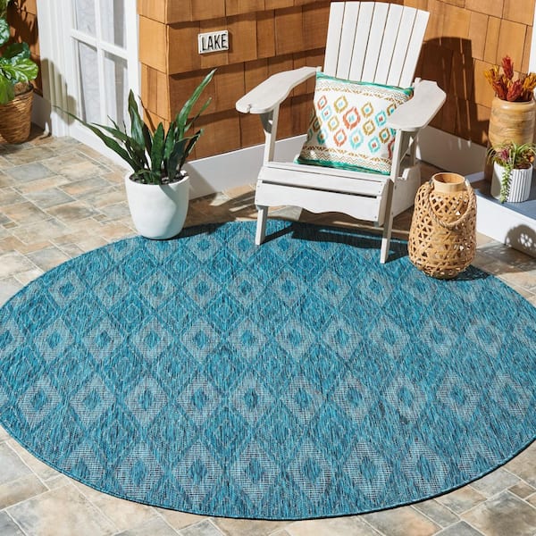 Courtyard Turquoise/Blue 7 ft. x 7 ft. Solid Color Diamond Indoor/Outdoor Round Area Rug
