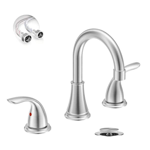 8 Inch 3 Hole Brushed Nickel Bathroom Sink Faucet, 2 Handle Widespread Bathroom Faucet with Metal Pop up Drain