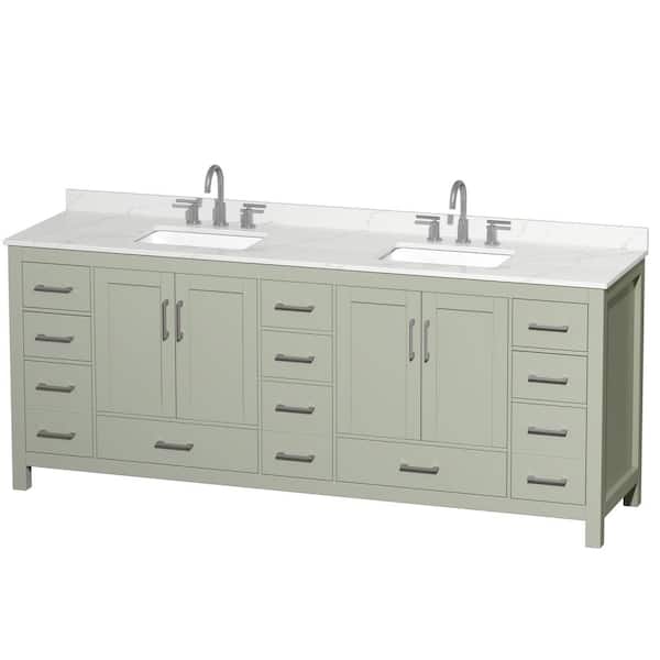 Wyndham Collection Sheffield 84 in. W. x 22 in. D x 35 in. H Double Bath Vanity in Light Green with Giotto Quartz Top
