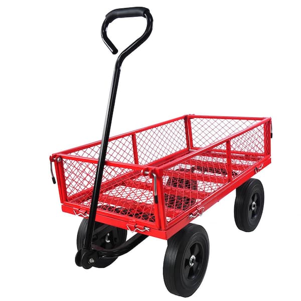 Otryad Metal Wagon Cart with 10" Pneumatic Tire and Handle, Utility Dump Outdoor Serving Cart for Lawn Garden Farm in Red