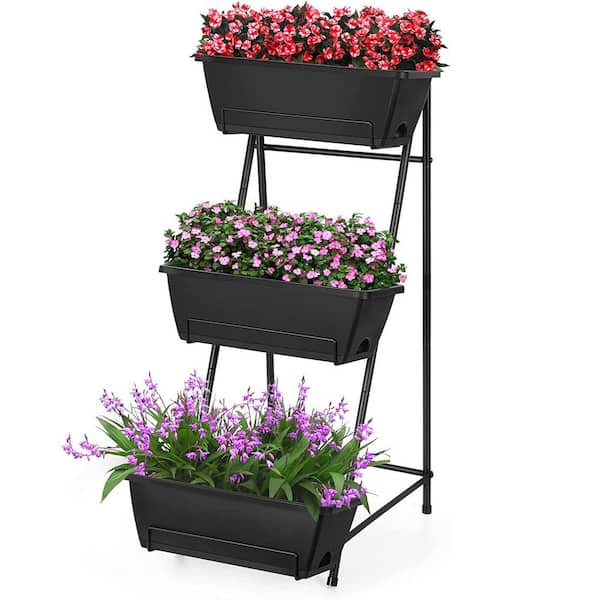 Oumilen Vertical Raised Garden Bed 3-Tiered Plastic Garden Planters with Drainage Holes, Black