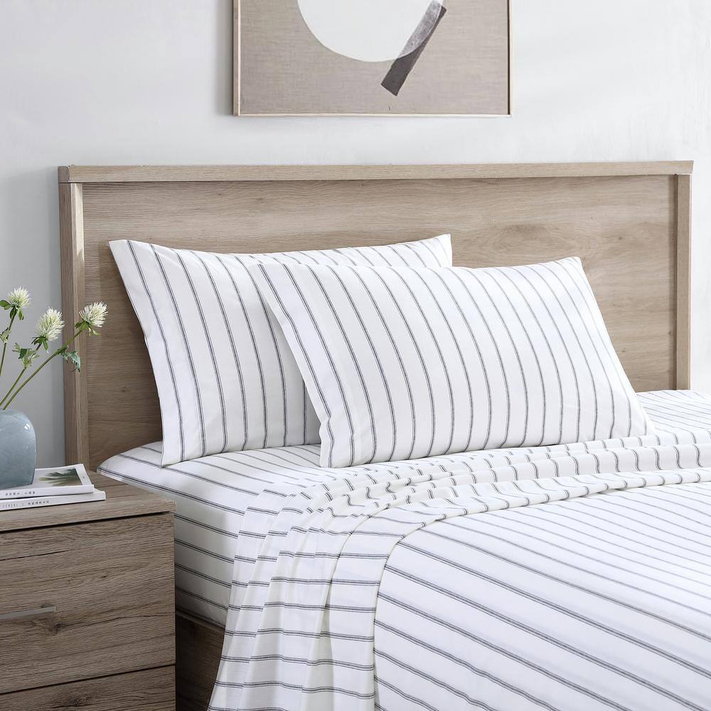 Gray and White Striped Cotton Percale Full Sheet Set