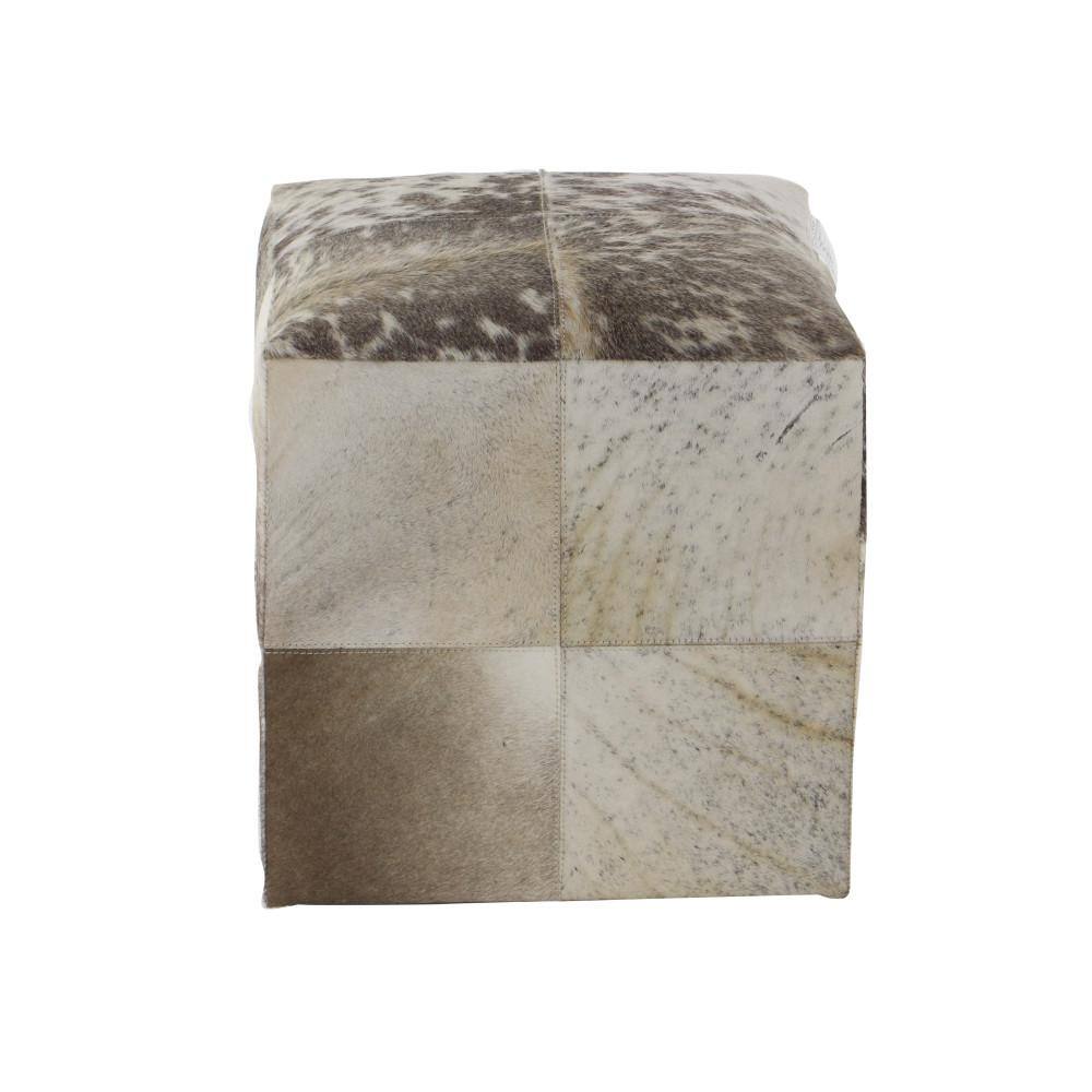 Contemporary Gray Cowhide Patchwork Pouf Ottoman, 16" Cube
