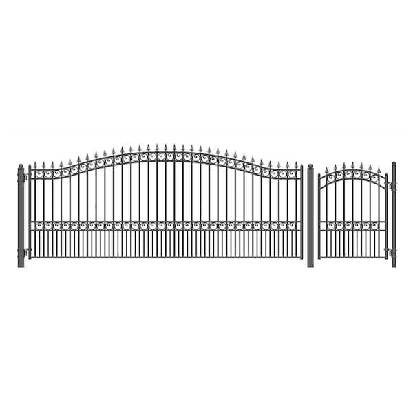 ALEKO 21 ft. x 6 ft. Black Steel Dual Swing Driveway Gate Paris Style 16 ft. with Pedestrian Gate 5 ft. Fence Gate
