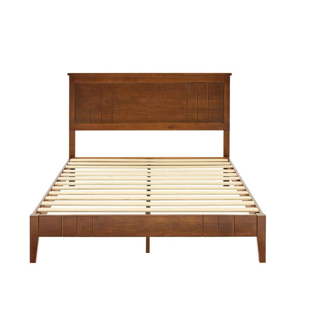 61.2 in. W Walnut Queen Mid-Century Modern Solid Wooden Platform Bed