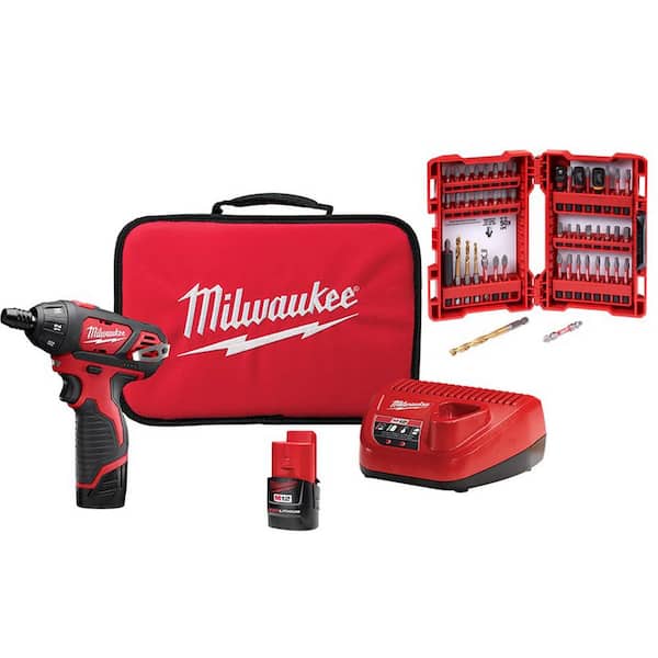 Milwaukee - M12 12V Lithium-Ion Cordless 1/4 in. Hex Screwdriver Kit w/ SHOCKWAVEImpact Duty Driver Alloy Steel Bit Set (50-Pc)