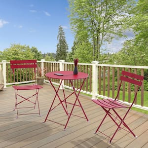 3-Piece Steel All-weather Outdoor Bistro Sets No Assemble Folding Chairs and Table in Red