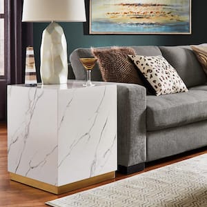 White Faux Marble End Table With Casters