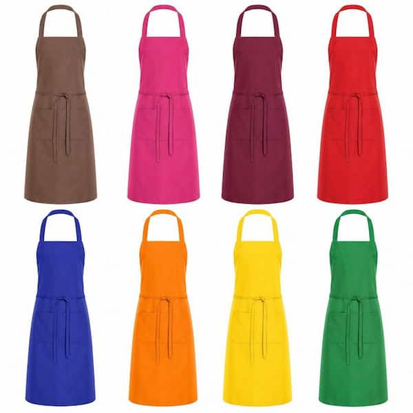 Multicolor Plain Bib Apron with 2 Pockets for Kitchen, Cooking, Restaurant, BBQ, Painting and Crafting (8-Pack)