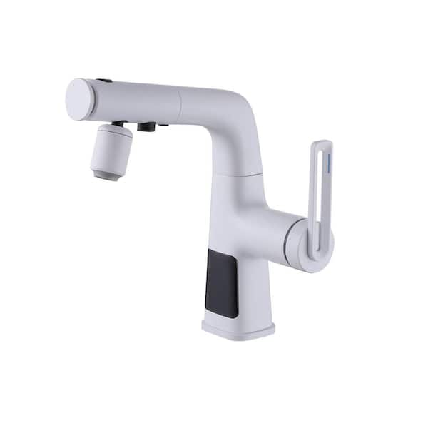 Single Handle Mid Arc Single Hole Bathroom Faucet with LED Temperature Display and Pull Out Sprayer in White