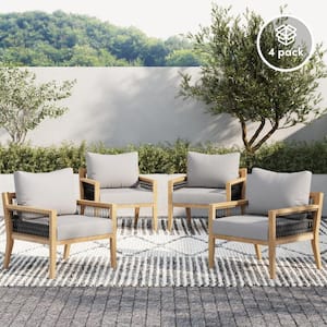 Freya Bohemian Wooden Armchair, Outdoor Patio Chair, Solid Acacia Wood Frame with Gray Cushions, Set of 4