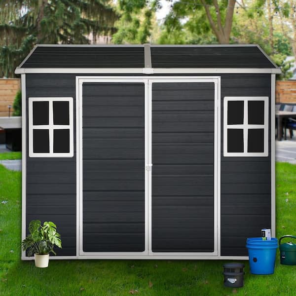 8 ft. W x 6 ft. D Outdoor Resin Garden Storage Shed, Tool House with Floor, 2 Windows, Lockable Door, Black (45 sq. ft.)