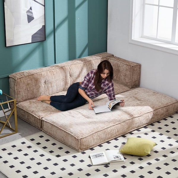 78 in. Modern Upholstered Square Arm Chenille Pull Out Rectangle Sofa Convertible Sofa Bed with Side Pockets in Khaki