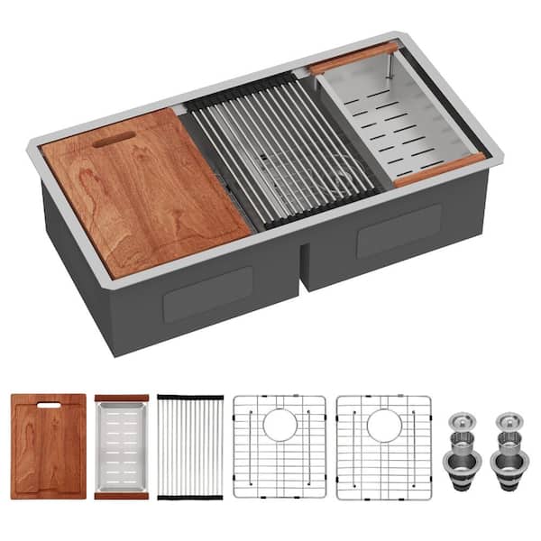36 in. Undermount 50/50 Double Bowl 16-Gauge Stainless Steel Low-Divide Workstation Kitchen Sink with Accessories