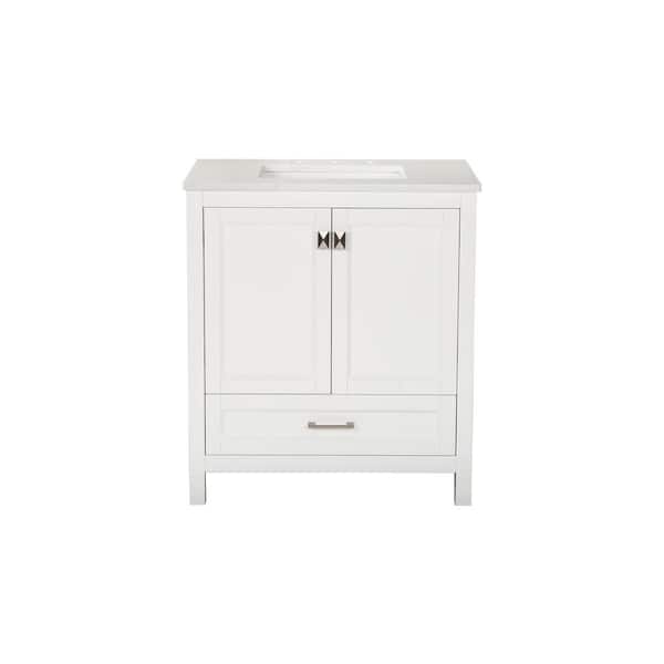 30 in. Single Sink Freestanding White Bath Vanity with White Marble Top, Soft Closing Doors & Drawers, Fully Assembled