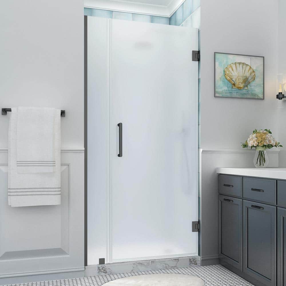 Belmore XL Matte Black Frameless Hinged Shower Door with Frosted Glass