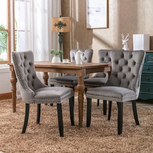 Modern High-End Gray Tufted Solid Wood Velvet Upholstered Dining Chair with Wood Legs Nailhead Trim Set of 2