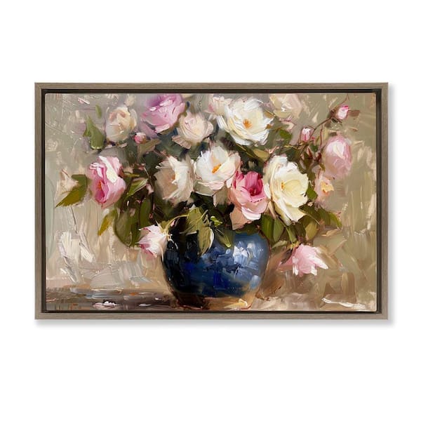 Stupell Industries Painterly Vase of Roses by LSR Design Studio Brown Floater Frame Nature Graphic Art Print 21 in. x 31 in.