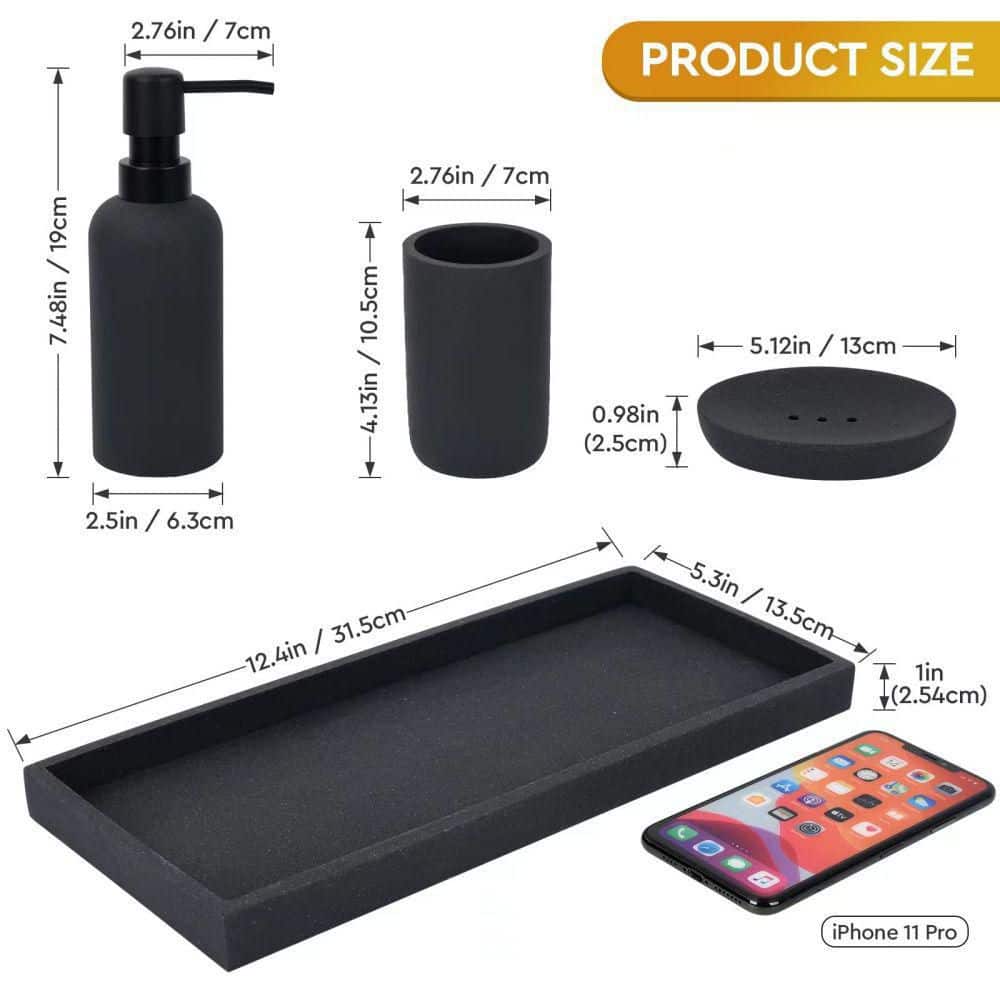 Matte Black Textured Ceramic 4-Piece Bathroom Accessory Set