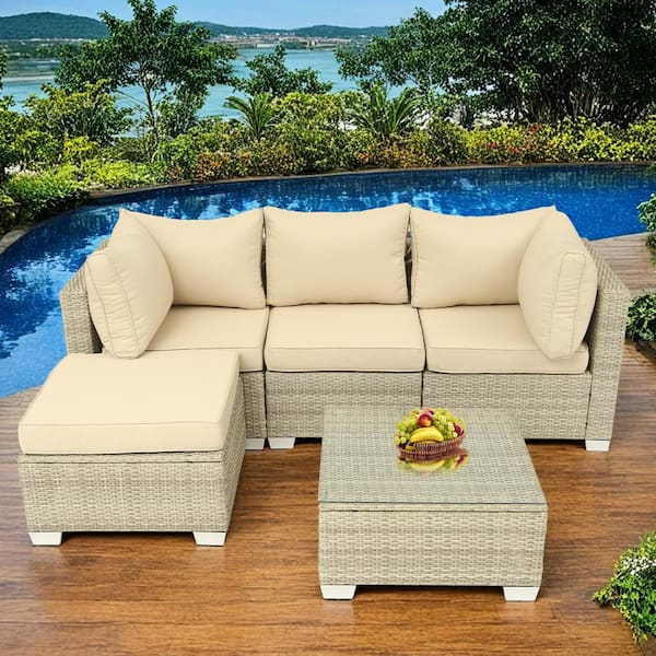 fiziti Gray 5-Piece Wicker Outdoor Patio Conversation Seating Sofa Set with Field Gray Cushions