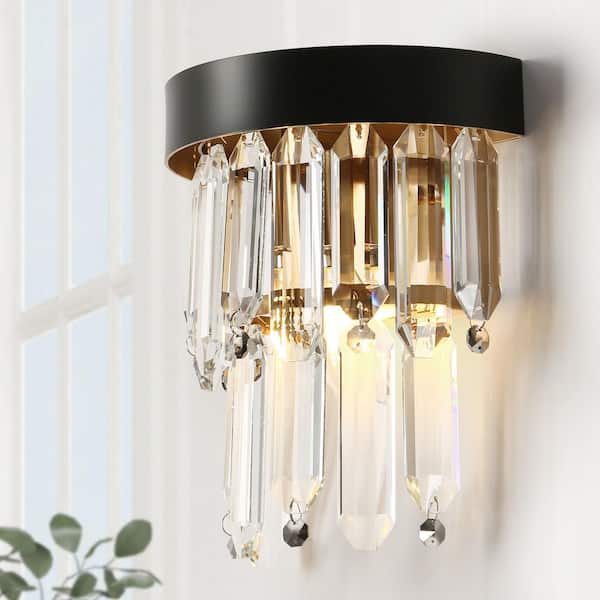 LNC Phesonlaxy 1-Light Black and Plating Brass Wall Sconce with Crystal Accents