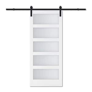 36 in. x 84 in. 5 Equal Lites with Frosted Glass White MDF Interior Sliding Barn Door with Hardware Kit