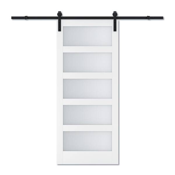 36 in. x 84 in. 5-Equal Lites with Frosted Glass White MDF Interior Sliding Barn Door with Soft Close and Hardware Kit