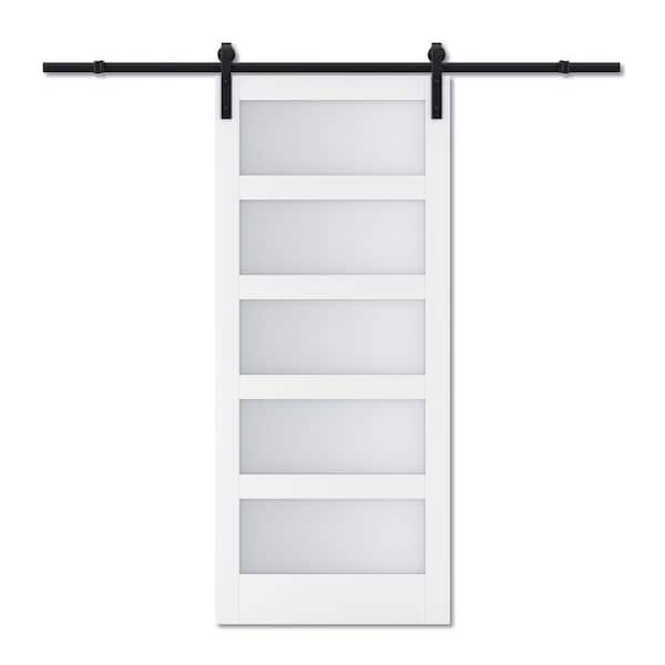 ARK DESIGN 36 in. x 84 in. 5 Equal Lites with Frosted Glass White MDF Interior Sliding Barn Door with Hardware Kit