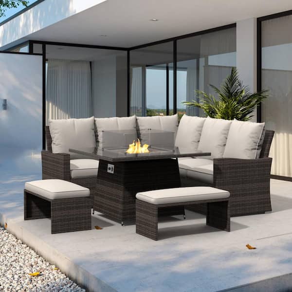 moda furnishings Lisa Brown 5-Piece Wicker Patio Fire Pit Conversation Sofa Set With Beige Cushions