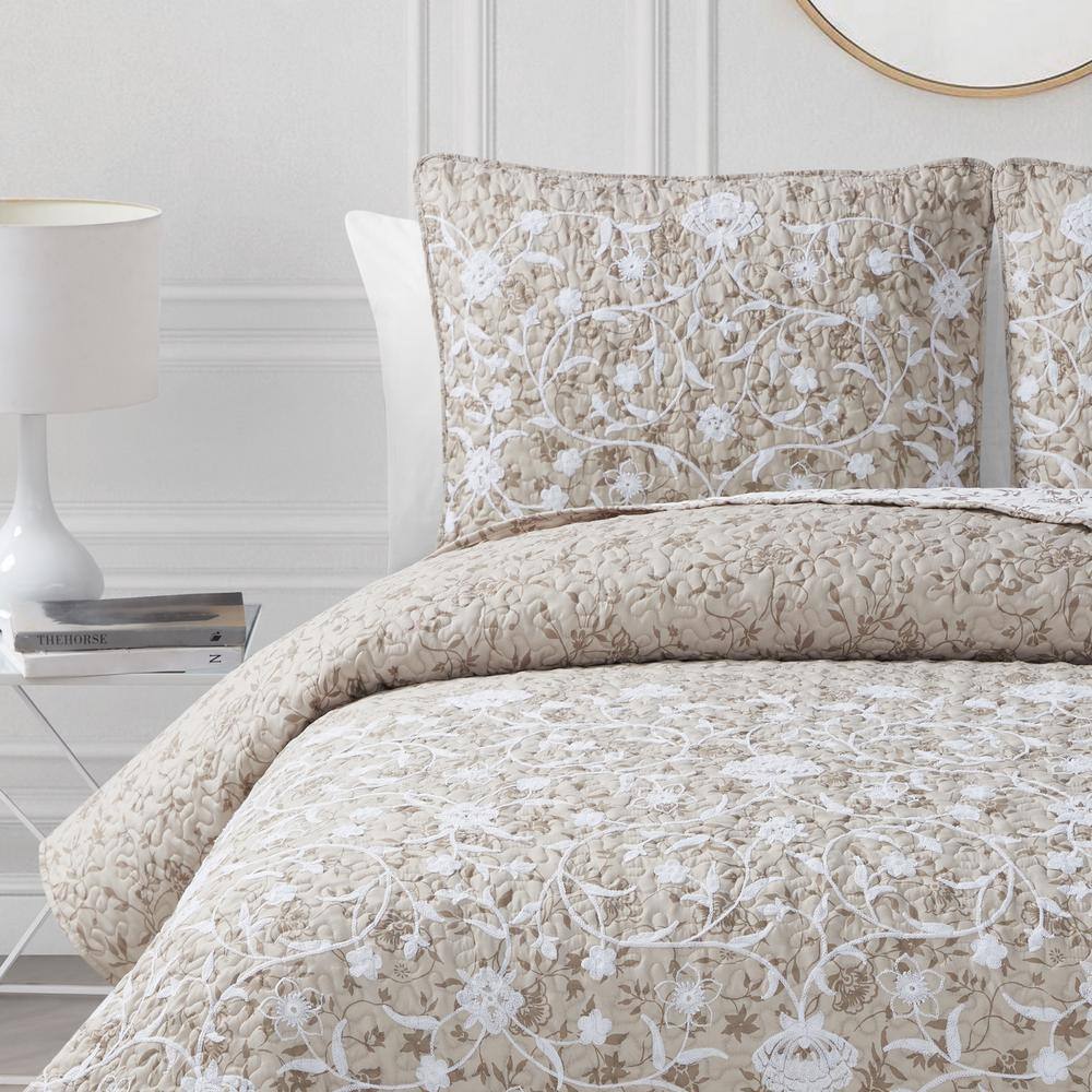 White and Tan Floral Vine Reversible Microfiber Twin Quilt Set