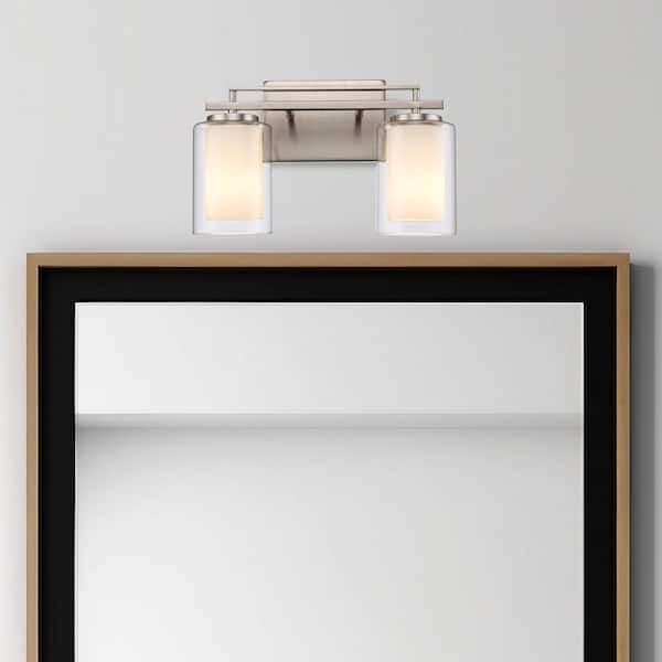 Lisbon 14.25 in. 2-Light Brushed Nickel Bathroom Vanity Light Fixture with Clear Glass Outer and Opal Glass Inner Shades