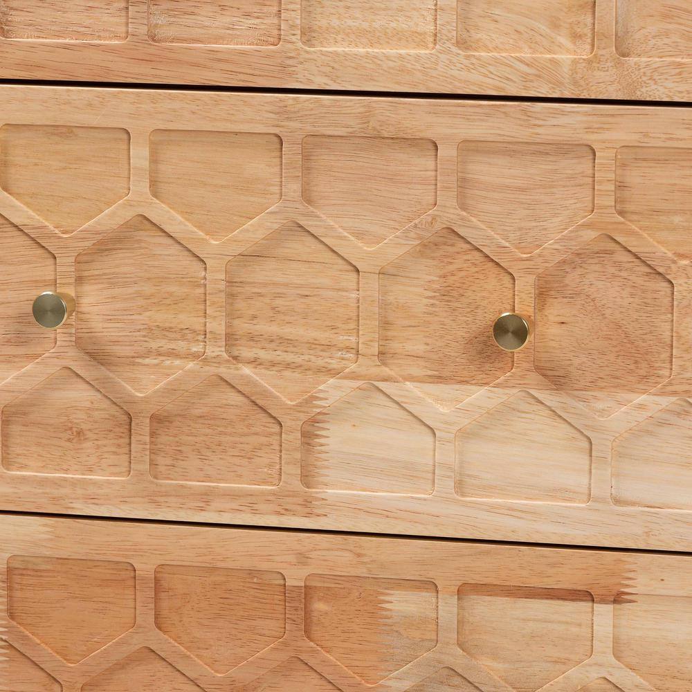 Natural Wood Honeycomb Carved 3-Drawer Chest