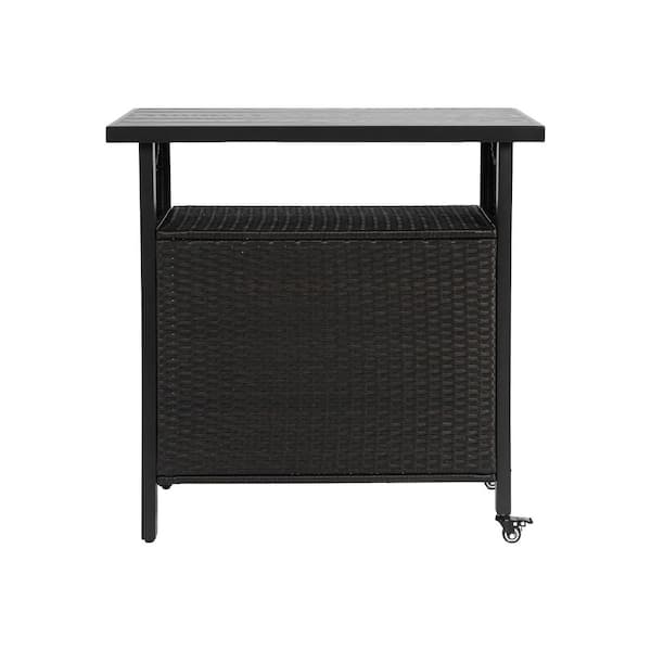 Black Wicker Outdoor Bar with Glass Top and Lockable Wheels
