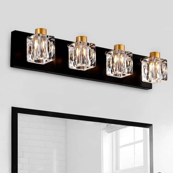 23.62 in. 4-Light Matte Black + Gold Vanity Light with Crystal Glass Shade, Easy Installation, G9 Bulbs (Max 40W)