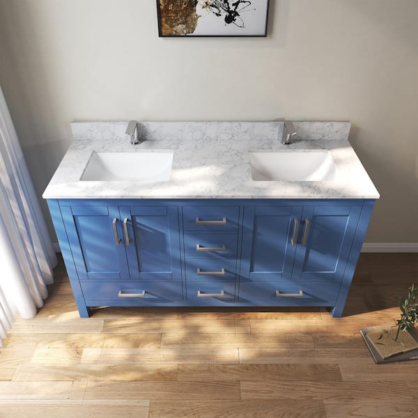 60 in. W x 22 in. D x 35 in. H Double Sinks Bath Vanity Cabinet in Blue with Cultured Marble Top